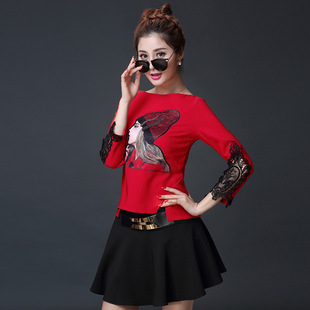 秋季新款连衣裙套装韩版宽松大码显瘦拼接蕾丝印花T恤+短裙两件套