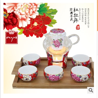 红牡丹泡花果茶茶具玻璃陶瓷骨瓷套装包邮加热壶杯花茶茶具礼盒