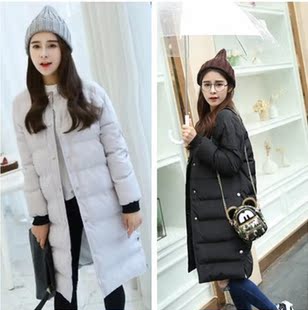 韩国冬季超长款过膝圆领修身显瘦简约纯色女装拉链面包棉衣棉服