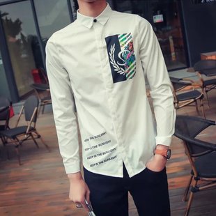 2016春夏港风日系青少年修身韩版印花潮流衬衣学生打底长袖衬衫