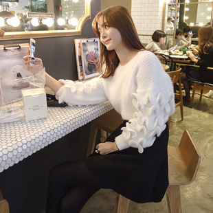 2015韩版秋冬新款时尚荷叶边袖针织毛衣米白色+仿皮绒半身裙套装