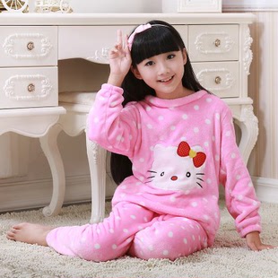 冬季柔软儿童睡衣大童小童珊瑚绒睡衣KT猫超法兰绒家居服
