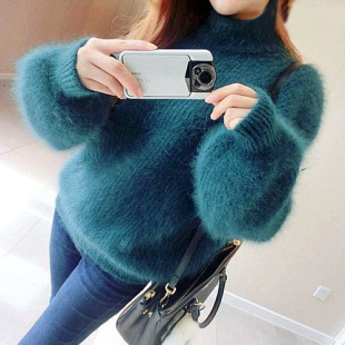 韩国代购2016春装新款加厚长袖短款半高领宽松套头灯笼袖兔毛毛衣