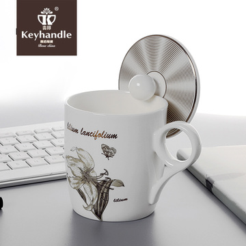 贵邦 骨瓷马克杯欧式陶瓷杯子带盖 创意咖啡杯带盖办公室茶杯礼品