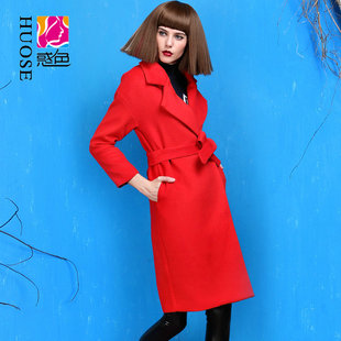 惑色毛呢外套女中长款加厚2015冬新品韩范修身显瘦红色羊毛大衣潮