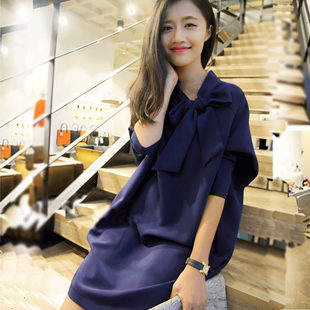 2016春夏韩国代购新款女装女士连衣裙蝴蝶结中长款蝙蝠袖打底裙子