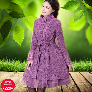 秋冬新品女装紫色腰带毛呢大衣蕾丝拼接立领修身女款复古毛呢外套
