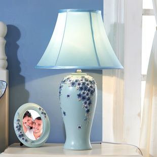 湖蓝色欧式卧室花朵枝叶花瓶台灯现代装饰客厅书房简约温馨床头灯