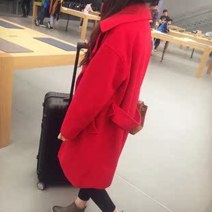 2015韩国大牌时尚羊毛尼大衣 女宽松大红色呢料长外套