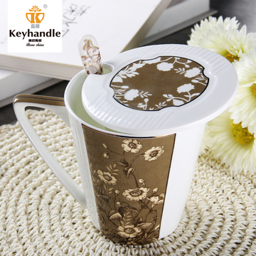 贵邦 骨瓷马克杯陶瓷杯子 简约创意可爱咖啡带盖勺办公室礼品礼盒