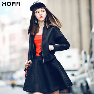2015女式秋季新款高档黑色网料透视棒球衫两件套套装外套+连衣裙
