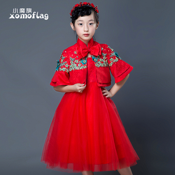 小魔旗花童礼服女 儿童礼服公主裙秋 新款红色礼服套装女童礼服冬