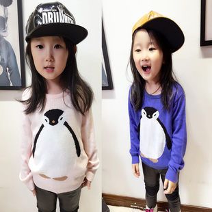 2015秋季新款童装女童装韩版卡通企鹅宽松柔软套头针织衫儿童毛衣
