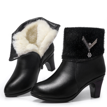 冬季新款羊毛靴女棉鞋真皮毛口靴棉靴皮毛一体女靴子高跟短靴子