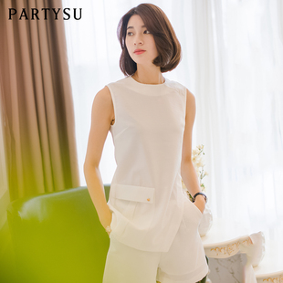 Partysu2015新款女装无袖t恤中长款上衣夏季宽松体恤衫气质白领OL