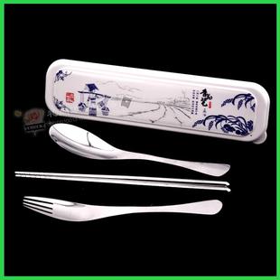 旅行学生筷子勺子叉子套装便携式餐具三件套 携带餐具青花瓷餐具