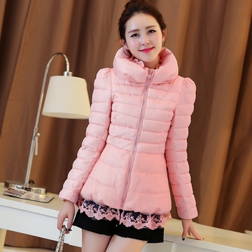 2015冬季女装棉服修身显瘦蕾丝棉袄加厚保暖短款粉色棉衣外套特价