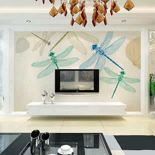 大型墙纸壁画现代客厅电视沙发背景手绘蜻蜓复古无缝无纺布简约