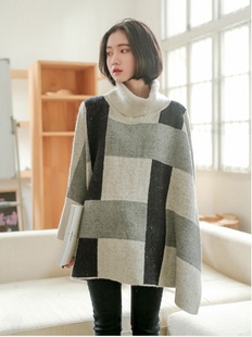 韩国东大门2015冬季女装中长款套头高领大格子毛衣女士针织衫包邮
