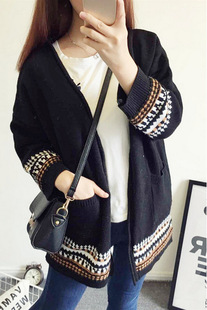 2015韩国秋装新款甜美文艺显瘦收腰双口袋毛衣针织衫短款开衫外套