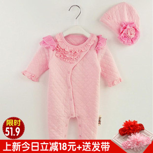 婴儿衣服秋季0-3个月女6新生儿外出连体衣开档长袖秋冬装加厚纯棉