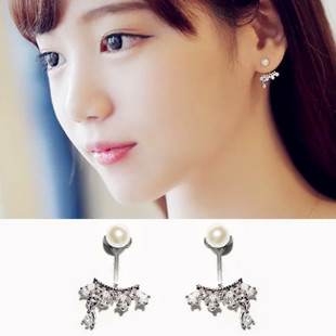 韩国925纯银后挂式花朵水滴锆石微镶耳钉 珍珠两带耳环纯银女士