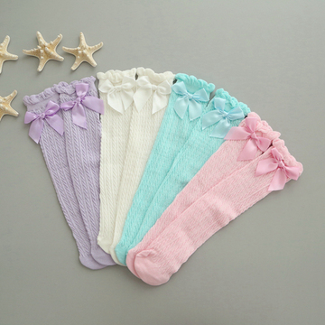 宝宝夏季镂空中筒袜纯棉婴儿袜甜美风麻花蝴蝶结女童袜花边长筒袜