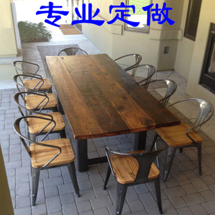 定制美式实木餐桌复古做旧餐桌椅组合铁艺原木餐桌椅现在简约家居