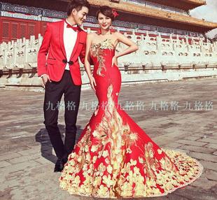 新款中国风礼服 影楼婚纱主题服装 拍照情侣写真 包臀鱼尾拖尾红