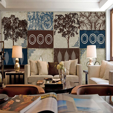 手绘大型壁画花纹抽象树方块现代客厅电视沙发背景墙壁纸欧式特价