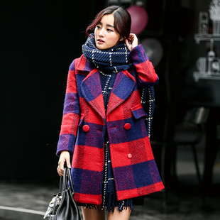 2015秋冬装新款韩版中长款大翻领气质显瘦格子毛呢外套呢大衣女