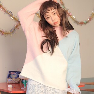 韩国女版2016年女式春装新款立领撞色拼色宽松套头毛衣兔绒针织衫