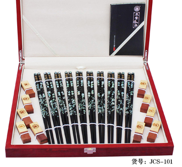 10双经典木盒装 手工漆筷 瓷架礼品 礼盒包装 筷子包邮