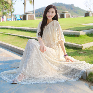 2015夏季新款韩版女装连衣裙蕾丝雪纺显瘦长裙长款沙滩裙子一字领