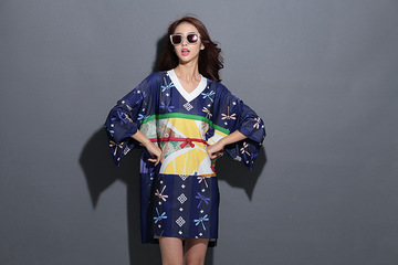 日本日系复古和服和风3D印花宽松开叉和服连衣裙拼接蝙蝠袖防晒衫