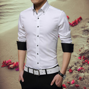 2015新款男士纯棉商务休闲长袖衬衫男职业韩版修身免烫衬衣白色棉
