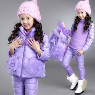 童装女童套装2015冬季新款儿童3-15岁女孩加绒棉衣加厚时尚三件套