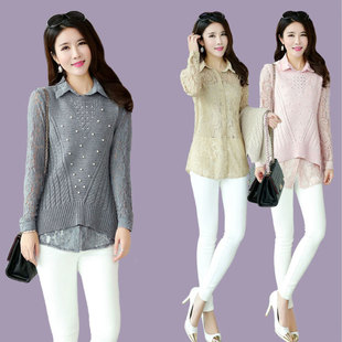2015春秋季新款韩版女装蕾丝衬衫中长款修身针织羊毛衫毛衣两件套