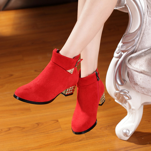 2016秋冬新款欧美时尚中跟婚鞋红色短靴皮带扣侧拉链马丁靴女靴子