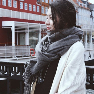最新款韩版纯灰色全棉仿羊绒女士秋冬季长款围巾披肩两用超长加厚