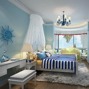 无纺布素色蓝色墙纸儿童房客厅卧室地中海风格纯色清新加厚壁纸