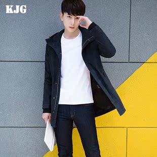 kjg秋季新款男士韩版中长款连帽风衣青年修身男外套披风大衣潮