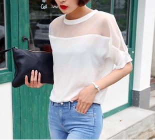 2015韩国代购夏季新款女装网纱透性感圆领短袖T恤时尚百搭潮欧美