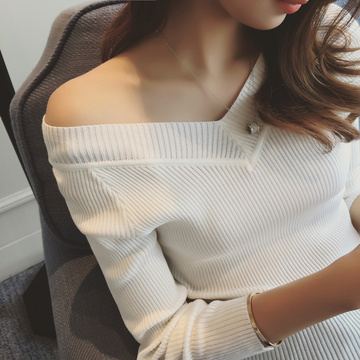 秋季韩版女装漏肩装性感V领修身套头针织衫显瘦薄款打底毛衣小衫