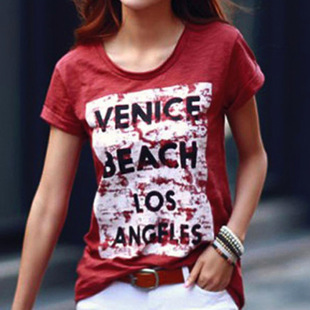 夏 时尚字母印花半袖圆领修身显瘦卷边红色短袖T恤纯棉女潮 韩国