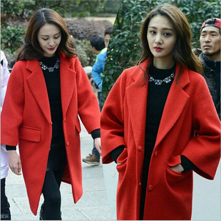 韩国代购冬装明星郑爽同款红色毛呢外套女中长款修身羊毛呢子大衣