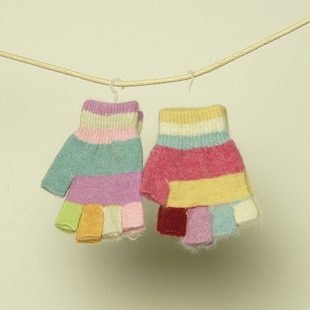 冬季男女宝宝儿童半指分指五指手套羊毛混纺拼色款