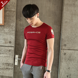 紧身红色t恤男短袖夏季修身薄韩版圆领纯棉男士短t青年印字体恤潮