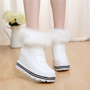 冬季增高女中筒雪地靴白色女保暖棉鞋防水坡跟防水台短靴甜美潮女