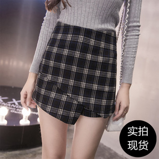 2016新款韩版女 显瘦防走光不规则格子半身裙 裤裙